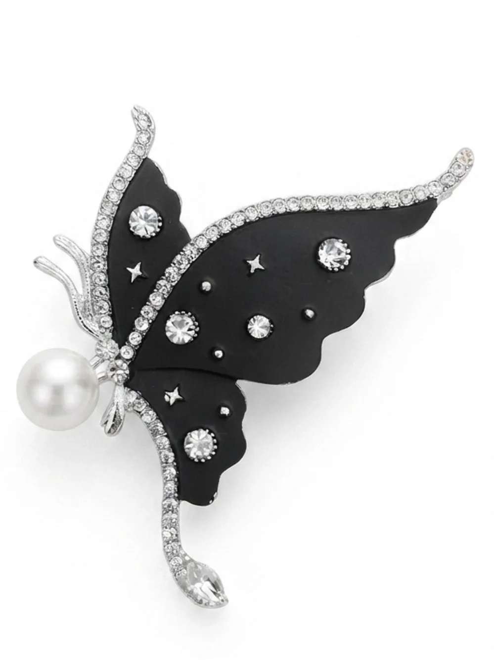 Stunning Black Butterfly Brooch with Pearl and Clear Crystals